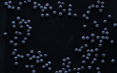 Dark blue blueberries on a black background.