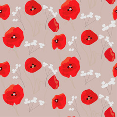 seamless pattern with bright red poppies and sprigs of white flowers in a watercolor style