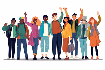 happy multicultural group saluting with raised hand on white background. Cartoon flat style