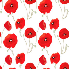 seamless pattern with red poppies on white background