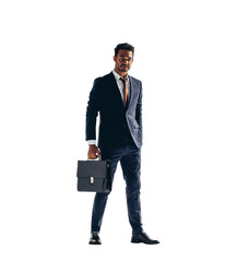 Portrait of a businessman with a briefcase isolated on a transparent background - obrazy, fototapety, plakaty