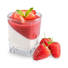 Panna cotta Italian homemade organic dessert of sweetened cream thickened with gelatin made with layer of strawberry sauce with topping of berries and mint leaf served in glass isolated on white