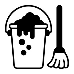 Buckets Bubbles with Broom concept, Pail filled with Soapy Foam vector icon design, Housekeeping symbol, Office caretaker sign, porter or cleanser equipment stock illustration