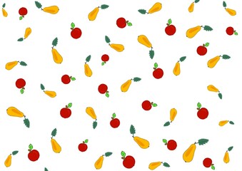 Pattern with red apples and yellow pears on white background