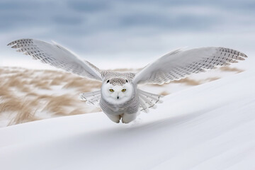 Snowy owl (Bubo scandiacus)flies low over an open snowy field. Amazing wildlife. Generative Ai