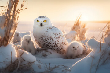 Snowy owl and her baby chicks in snow at sunset. Amazing Wildlife. Generative Ai