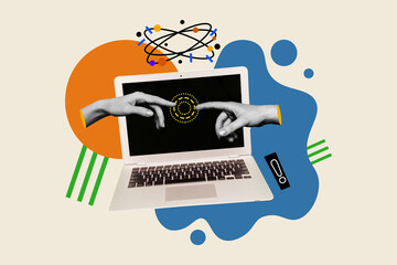 Collage connection teamwork online remote distance job working display laptop innovation science eureka isolated on drawn background