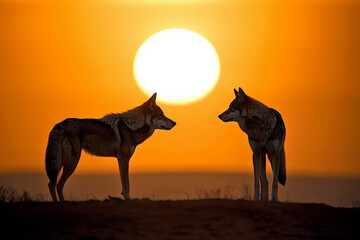 Wild Gray wolves in the forest at sunset with Giant sunset in the background. Amazing wildlife. Generative Ai