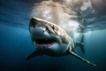 Stunning White shark attacking with big open mouth and teeth. Amazing wildlife. Generative Ai