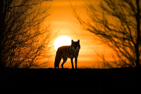 Wild Gray wolf in the forest at sunset with Giant sunset in the background. Amazing wildlife. Generative Ai