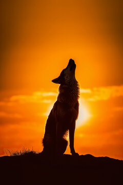 Wild Wolf howling on a rock at sunset. Giant sunset in the background. Amazing Wildlife. Generative Ai