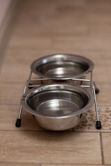 2 bowls for dog and cat on a stand on the laminate floor. Copy space