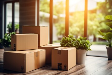 A stack of boxes sitting on top of a hard wood floor. Generative AI