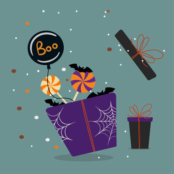 Gift box Halloween with Candy,Bat,Balloon  and Present 