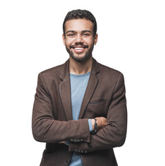 Portrait of handsome smiling young man with folded arms isolated transparent PNG, Joyful cheerful casual businessman with crossed hands studio shot - obrazy, fototapety, plakaty