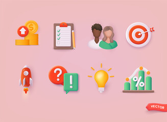 Teamwork partner icon set, person avatar, business management strategy, startup rocket. 3D Web Vector Illustrations.