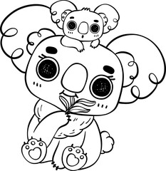 Sweet Mother's Day Koala Hug . Adorable Cartoon outline Hand Drawing Illustrating Love and Affection Between Mother and Baby Koala