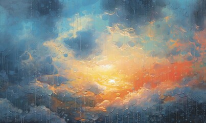  a painting of a sunset and clouds with rain drops on it.  generative ai