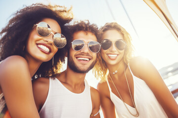 Group of mix race young people having a party on the luxury yacht