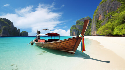 boat on sand of Maya bay Phi phi island., generative Ai