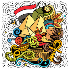 Egypt cartoon doodle illustration. Funny design. Creative vector background with African country elements and objects. Colorful composition