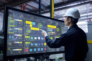 A factory worker monitoring production metrics and data on a computer screen, analyzing trends and making data-driven decisions to optimize productivity. Generative AI