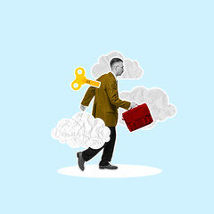 Businessman in suit with briefcase and key onto back walking to work, head in clouds. Need energy for working. Contemporary art collage. Concept of business, psychology, professional occupation, ad