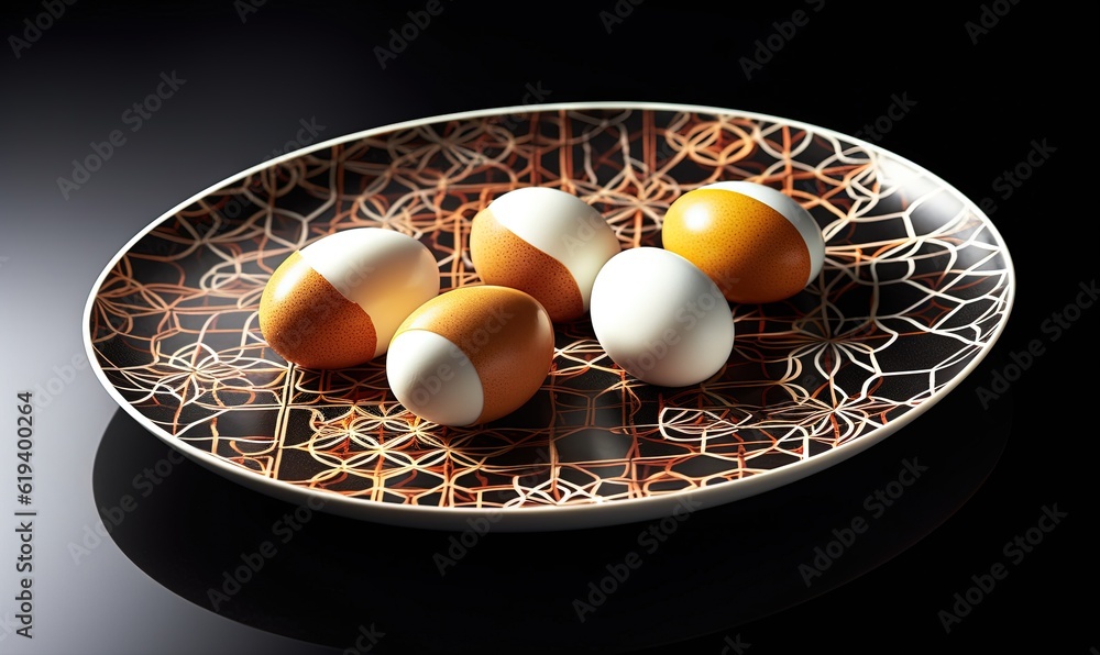 Poster a plate with three eggs on it on a table with a black background. generative ai
