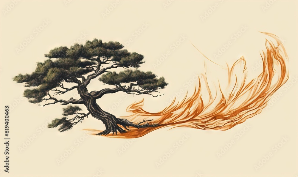 Poster  a drawing of a tree with a long tail of fire.  generative ai