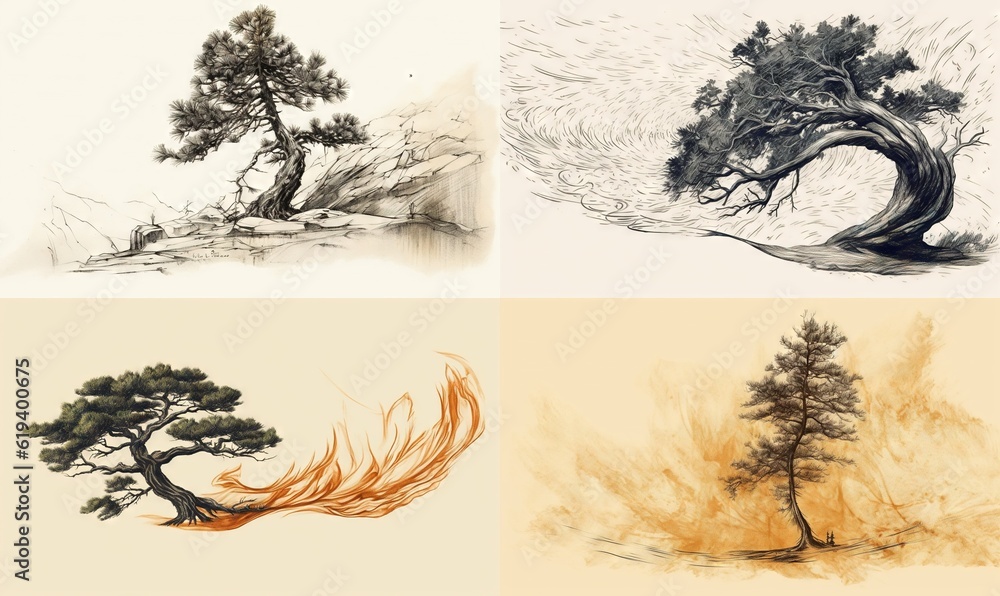 Poster a series of four drawings of a tree and a mountain. generative ai