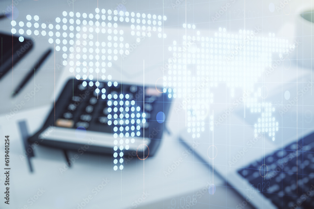 Poster double exposure of abstract digital world map hologram on calculator and pc background, big data and