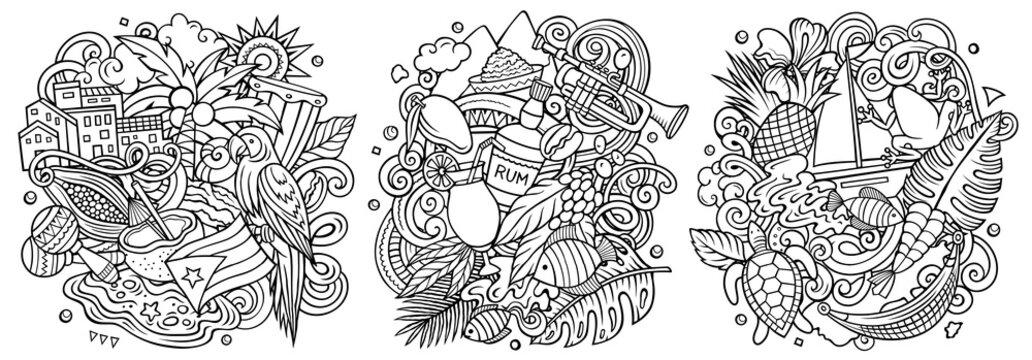 Puerto Rico cartoon vector doodle designs set. Line art detailed compositions with lot of puerto-rican objects and symbols. Isolated on white illustrations