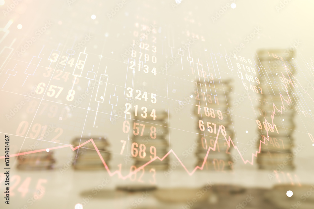 Poster Abstract virtual stats data hologram on stacks of coins background. Multiexposure
