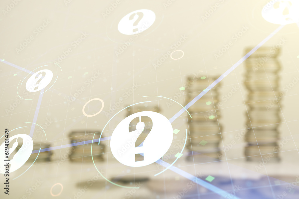 Aufkleber double exposure of abstract virtual question mark hologram on growing stacks of coins background. so