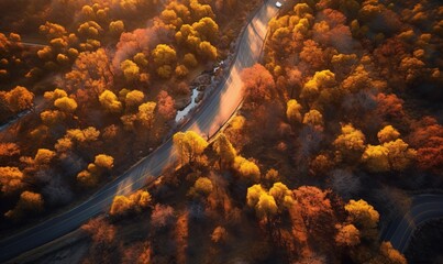  an aerial view of a winding road surrounded by autumn trees.  generative ai