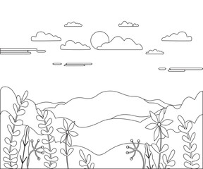 Landscape cartoon vector illustration. Graphic design panorama with nature, mountain, hill, tree, sky, cloud, sun. Countryside style abstract background thin line concept for social media, story, post