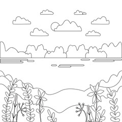 Landscape cartoon vector illustration. Graphic design panorama with nature, mountain, hill, tree, sky, cloud, sun. Countryside style abstract background thin line concept for social media, story, post