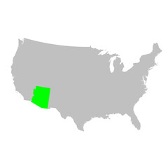 Vector map of the state of Arizona highlighted highlighted in bright green on a map of United States of America.