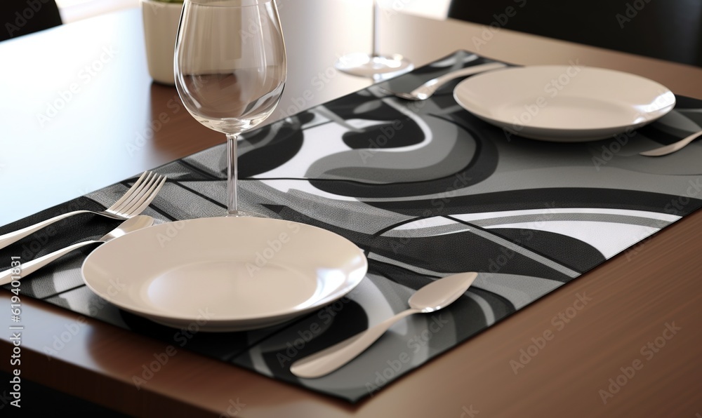 Poster  a table with a place setting and a wine glass on it.  generative ai