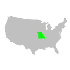 Vector map of the state of Missouri highlighted highlighted in bright green on a map of United States of America.