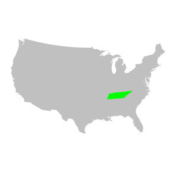 Vector map of the state of Tennessee highlighted highlighted in bright green on a map of United States of America.