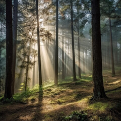 Luminous sun rays falling through the green foliage in a beautiful forest, with timber beside a path