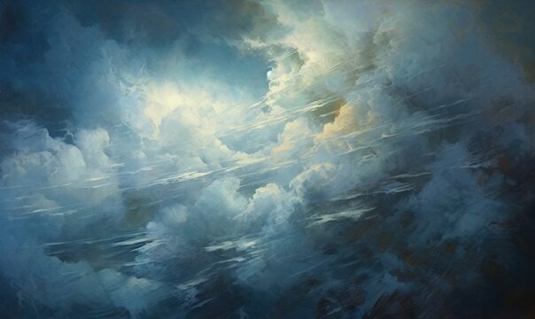  a painting of clouds in the sky with a blue background.  generative ai