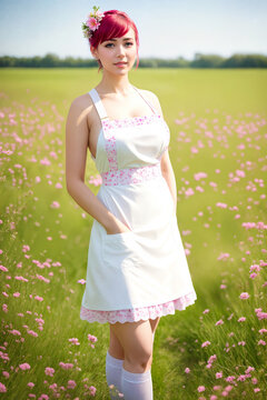 Lovely sexy woman maid posing on summer green meadow.White dress, apron, pink hair.Digital creative designer fashion art.AI illustration