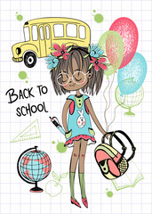 Cute dark-skinned girl with pigtails with a school backpack goes to school. Back to school. Vector