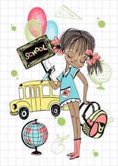 A pretty girl with a school backpack goes to school. Back to school. School bus. Vector