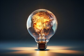 Light bulbs with a brain inside of them. Generative AI