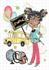 A pretty girl goes to school. A schoolgirl with a school bell and balloons. Back to school. Vector