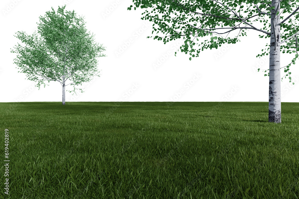 Fototapete realistic meadow with trees. 3d rendering of isolated objects.