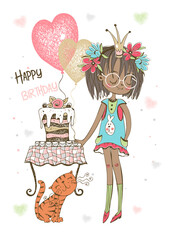 Birthday card with cute girl with cake and balloons. Vector.